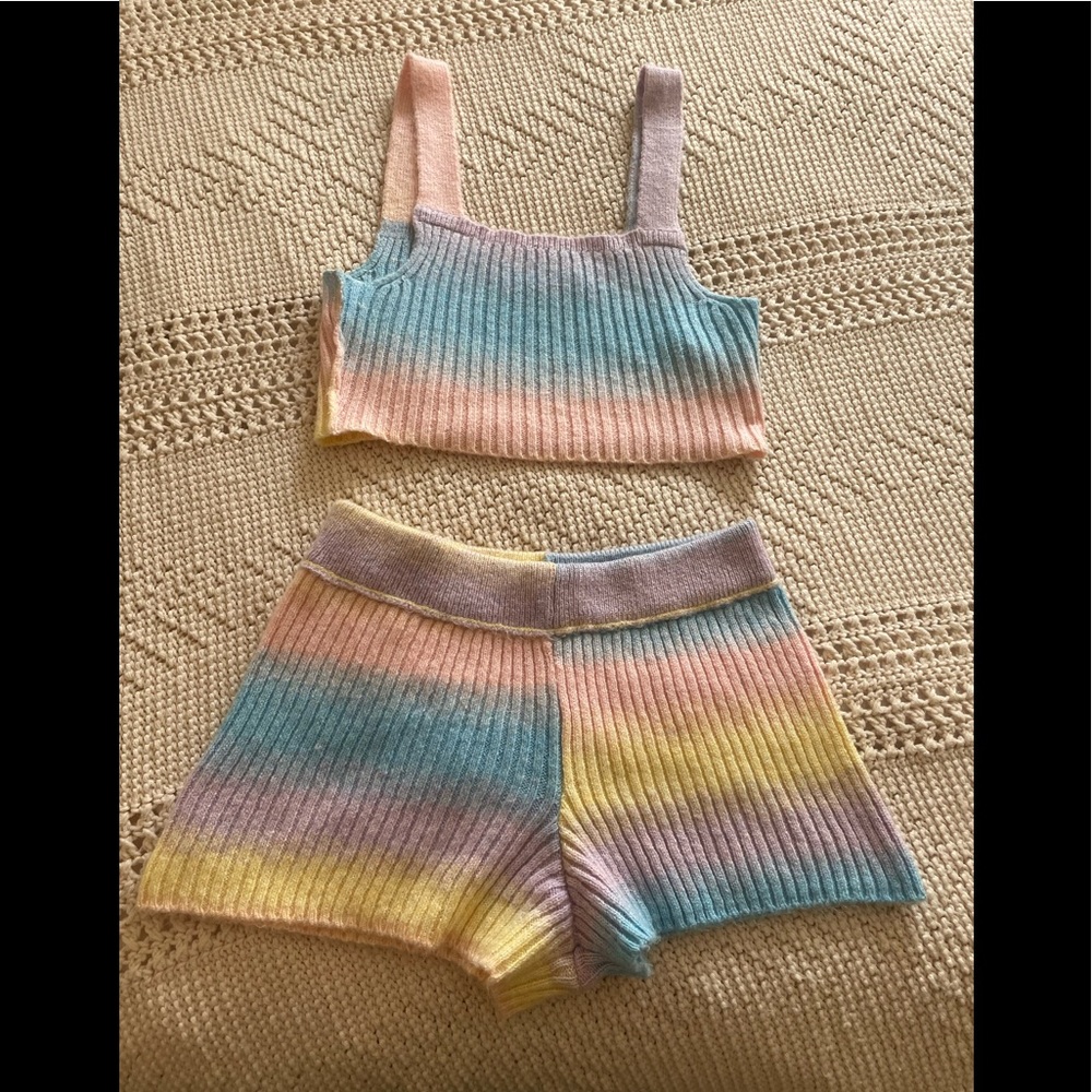 Urban Outfitters Pastel Rainbow Knit Top and Shorts Set